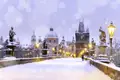 Auf unserer YOUNG LINE TRAVEL Reise nach Prag erleben wir immer wieder magische Momente, wie hier in der Dämmerung auf der schneebedeckten Karlsbrücke.