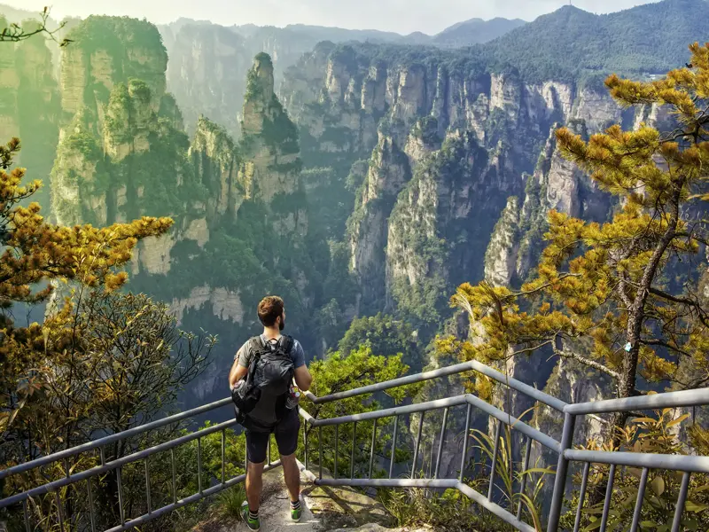 Auf Ihrer individuellen Rundreise durch China besuchen Sie den Zhangjiajie-Nationalpark und unternehmen eine spektakuläre Fahrt mit dem in das Felsmassiv hineingebauten Bailong-Lift.