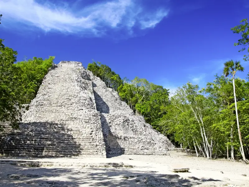 Auf Ihrer individuellen Rundreise durch Mexiko machen Sie einen Ausflug nach Cobá, wo Sie die 42 m hohe Pyramide Nohoch Mul erwartet.