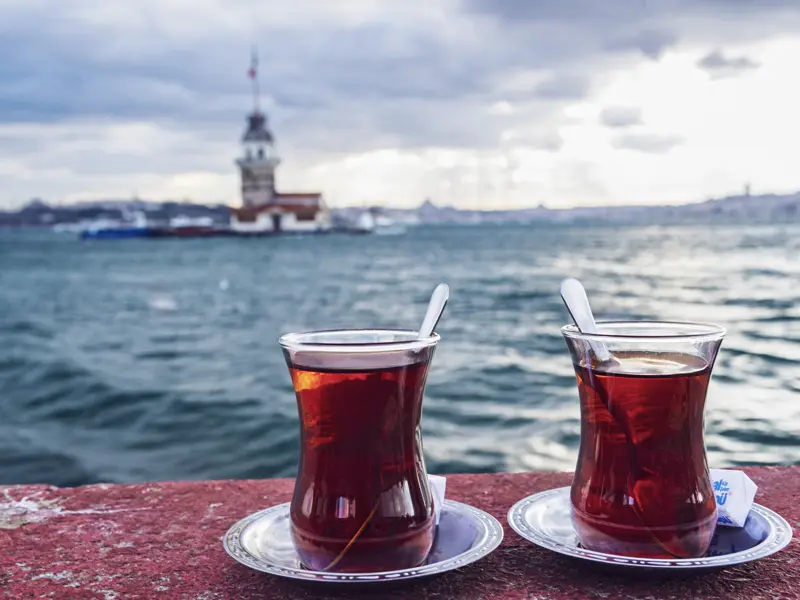Und zwischendurch können wir in Istanbul bei einem Gläschen Tee den Ausblick auf den Bosporus genießen.