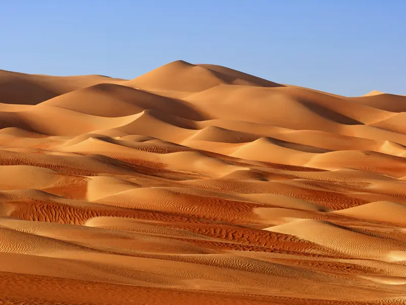 Auch in die Wahiba Sands führt unsere Marco Polo Reise in den Oman. Die Dünen liegen wie ein wellenreiches Meer vor uns.