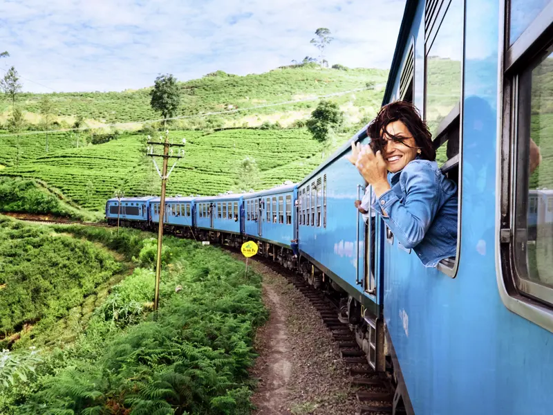 Auf unserer Mini-Gruppen-Reise durch Sri Lanka fahren wir auf einer der spektakulärsten Zugstrecken durch die Teeplantagen des Hochlands.