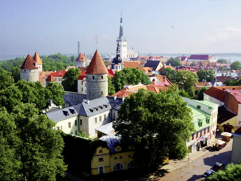 Auf unserer Marco Polo Entdeckerreise in kleiner Gruppe steigen wir mit unserem Scout auf den Domberg von Tallinn und bestaunen die unter uns liegende Altstadt mit Stadtmauer und Rathausturm.