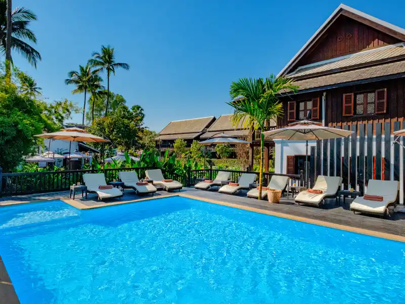 Auf Ihrer Rundreise mit Marco Polo in der Mini-Gruppe durch Laos und Kambodscha erwartet Sie mitten in Luang Prabang eine kleine Oase: das Hotel The Sanctuary.