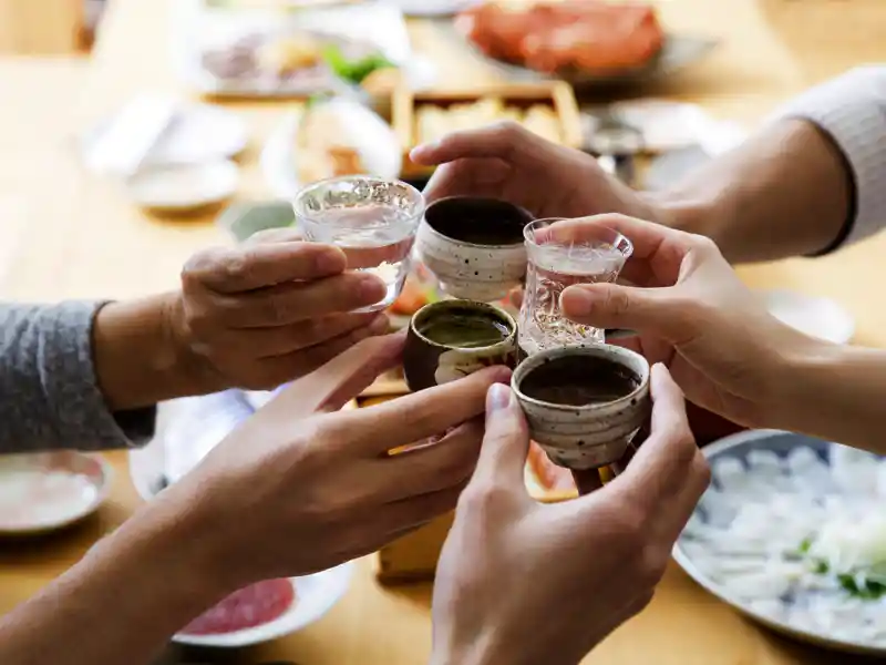 Wir sind gemeinsam in einer Gruppe von Travellern zwischen 20 und 35 in Japan unterwegs und stoßen abends auch mal mit einem Glas Sake auf den Urlaub an.