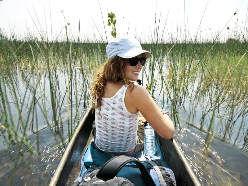 Auf Ihrer Rundreise nähern Sie sich auf Safaris der Tierwelt von Botswana im Geländewagen und im Boot.