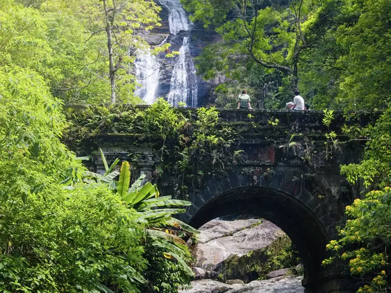 Im Hintergrund stürzt sich ein Wasserfall in die Tiefe, auf einer Brücke davor stehen Menschen und beobachten die Naturgewalt. Die ganze Szene ist umringt von üppigem Grün mit Farnen und Bäumen.