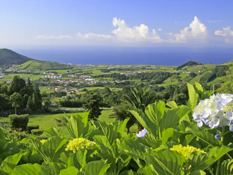 Panoramablick auf eine grüne Hügellandschaft auf den Azoren und das Meer im Hintergrund,