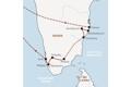 Die Karte zeigt den Verlauf unserer Entdeckerreise in der Mini-Gruppe nach Südindien: Chennai, Mahaballipuram, Kanchipuram, Madurai, Thekkady, Alleppey, Kochi.