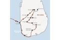 Die Karte zeigt den Verlauf der Marco-Polo-Mini-Gruppen-Reise Sri Lanka: Colombo, Kurunegala, Dambulla, Sigiriya, Kandy, Digana, Kitulgala, Nanu Oya, Haputale, Udawalawe, Galle.