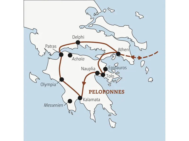 Diese Rundreise mit YOUNG LINE durch Griechenland führt von Athen über Epidauros, Kalamata, Olympia, Patras und Delphi einmal rund um den Peloponnes.