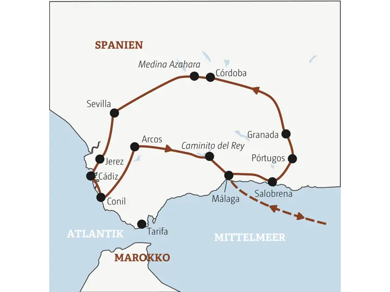 Diese Rundreise mit YOUNG LINE durch Andalusien führt von Málaga über Granada, Córdoba und Sevilla bis nach Cádiz - zum Finale Badetage in Conil.