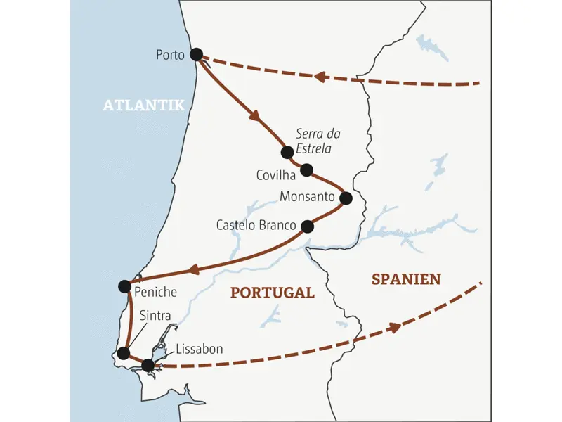 Deine Rundreise mit YOUNG LINE TRAVEL durch Portugal beginnt in Porto und führt dich über Covilha, Castelo Branco und Peniche nach Lissabon.