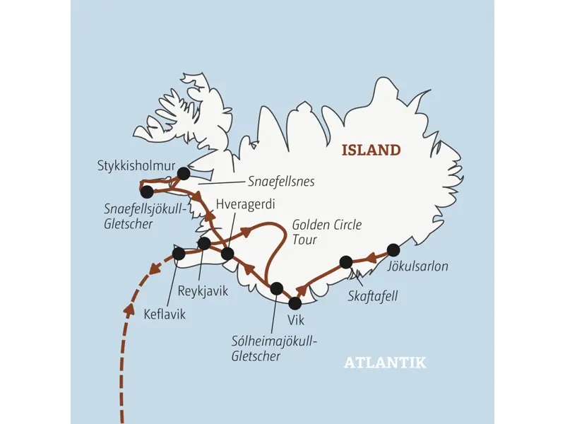 Unsere Rundreise mit YOUNG LINE nach Island führt von Reykjavik zum Snaefellsjökull-Gletscher und weiter über den Golden Circle zum Skaftafell-Nationalpark und zur Gletscherlagune Jökulsarlon.
