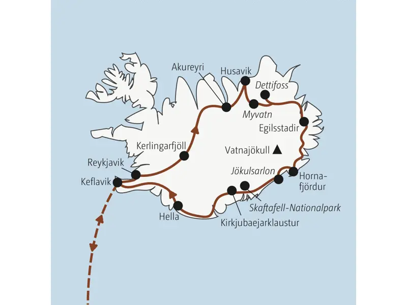 Deine Rundreise mit YOUNG LINE durch Island führt dich von Reyjkavik nach Akureyri, Husavik, Egisstadir, Jökulsarlon und in den Skaftafell-Nationalpark.
