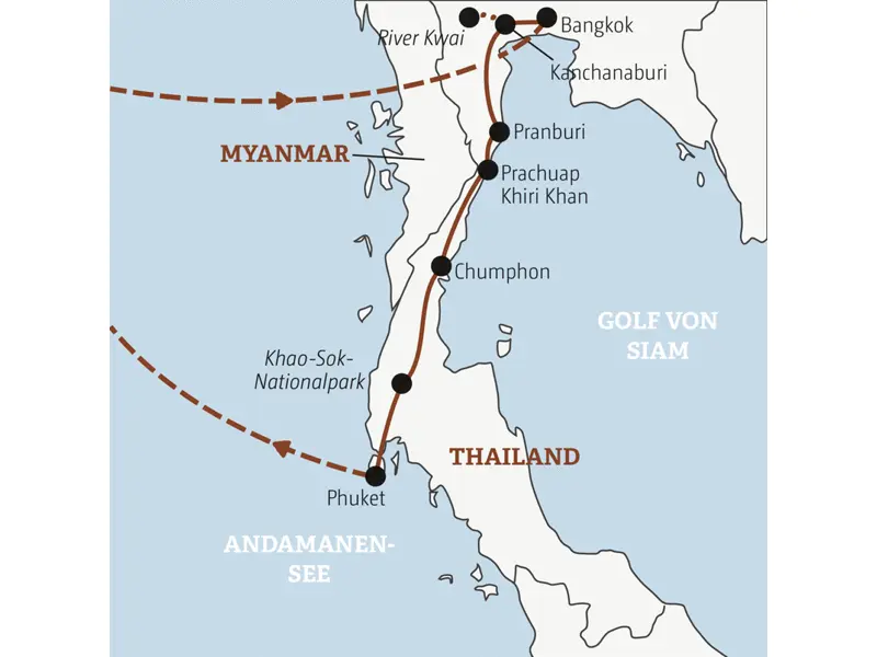 Die Reiseroute der YOUNG LINE TRAVEL Rundreise Thailand startet in Bangkok und führt über den River Kwai, Pranburi und Chumphon zur Badeinsel Phuket.