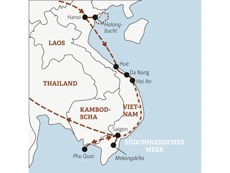 Deine Rundreise durch Vietnam führt dich von Hanoi in die Halongbucht und anschließend über Hue und Hoi An bis ins Mekongdelta und nach Saigon.