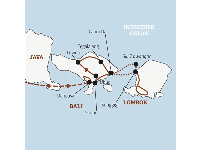 Auf dieser Rundreise mit YOUNG LINE durch Indonesien erkunden wir zuerst Bali, fahren dann per Boot weiter nach Lombok und relaxen zum Finale auf Gili Trawangan.