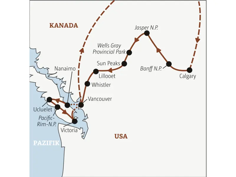 Die Rundreise mit YOUNG LINE nach Kanada führt von Calgary durch die Rocky Mountains über die Nationalparks Banff und Jasper bis an den Pazifik nach Vancouver Island.