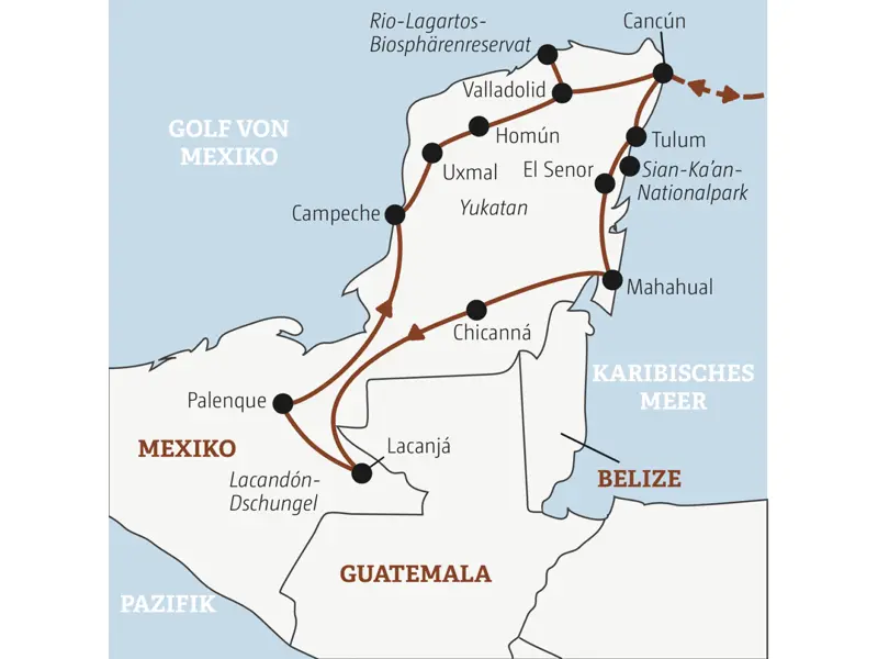 Die Rundreise mit YOUNG LINE durch Mexiko führt dich von Cancún nach Tulum, Chicanná, Lacanjá, Palenque, Uxmal und ins Rio-Lagartos-Biosphärenreservat.