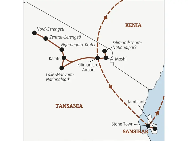 Deine Rundreise mit YOUNG LINE nach Tansania führt dich in die Nationalparks Lake Manyara, Kilimandscharo und Serengeti und zum Finale erwarten dich Badetage auf Sansibar.