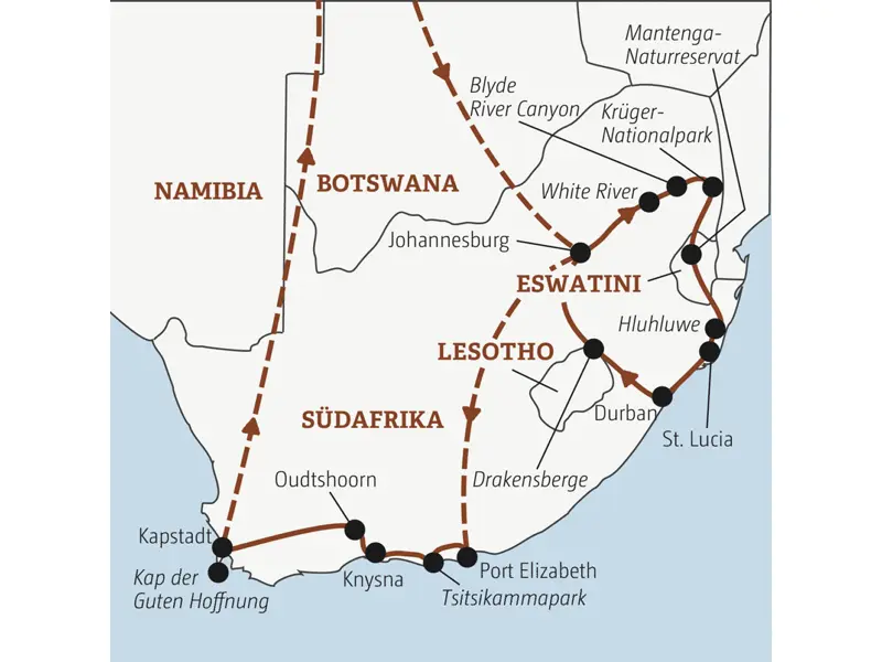 Diese Rundreise mit YOUNG LINE durch Südafrika führt dich von Johannesburg erst in den Krügerpark und dann weiter nach  Swasiland, Lesotho und über die Gartenroute nach Kapstadt.