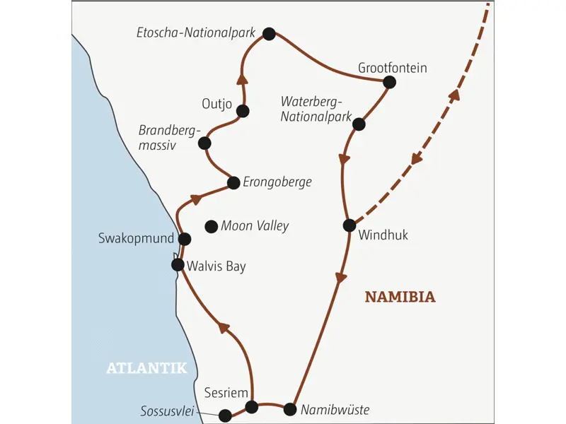 Diese Rundreise mit YOUNG LINE durch Namibia führt dich von Windhuk in die Namibwüste, über das Sossusvlei nach Swakopmund und schließlich in den Etoscha-Nationalpark.