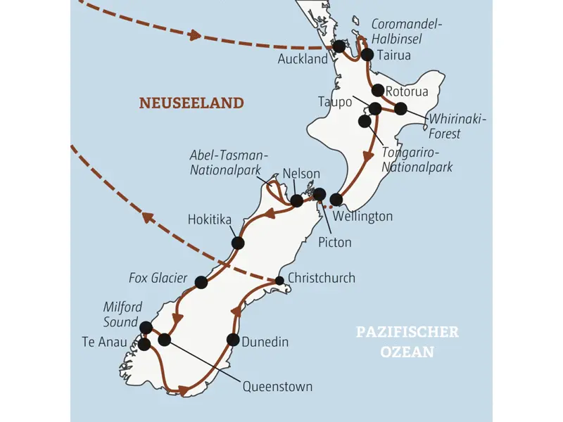 Deine Rundreise nach Neuseeland führt dich von Auckland über Rotorua und den Tongariro-Nationalpark zum Abel-Tasman-Nationalpark und weiter auf die Südinsel über Queenstown und Dunedin nach Christchurch.