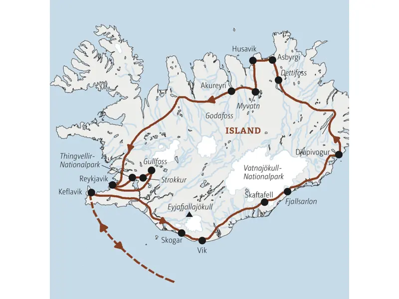 Ihre Rundreise nach Island  führt Sie über Vik, Djupivogur, Husavik, Akureyri und Reykjavik einmal um die Insel -  eine Tour auf dem Golden Circle inklusive.