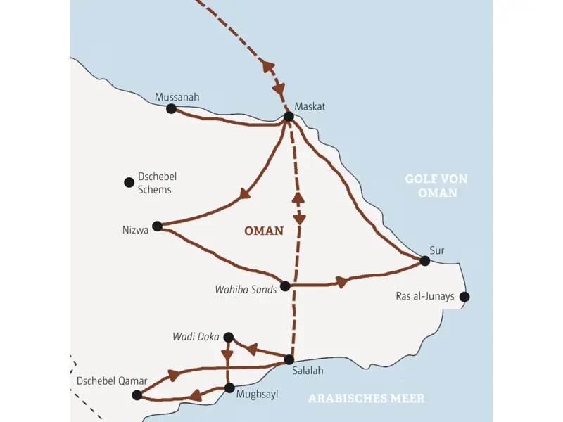 Ihre Rundreise mit Marco Polo startet in der Hauptstadt Maskat und führt Sie über Nizwa, Wahiba Sands und Sur bis nach Salalah.