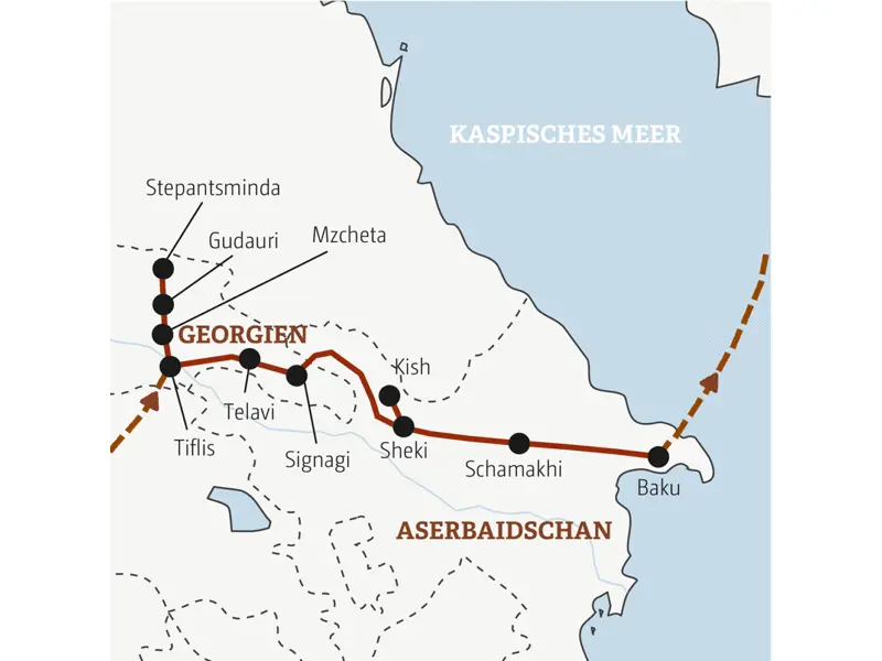 Ihre Rundreise führt Sie von Tiflis über Gudauri nach Stepantsminta und dann weiter über Telavi und Sheki nach Baku.