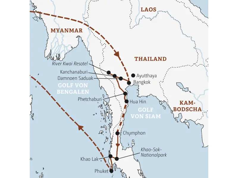 Diese Entdeckerreise mit Marco Polo führt Sie von Bangkok über Kanchanaburi und Hua Hin in den Khao-Sok-Nationalpark und weiter nach Khao Lak.