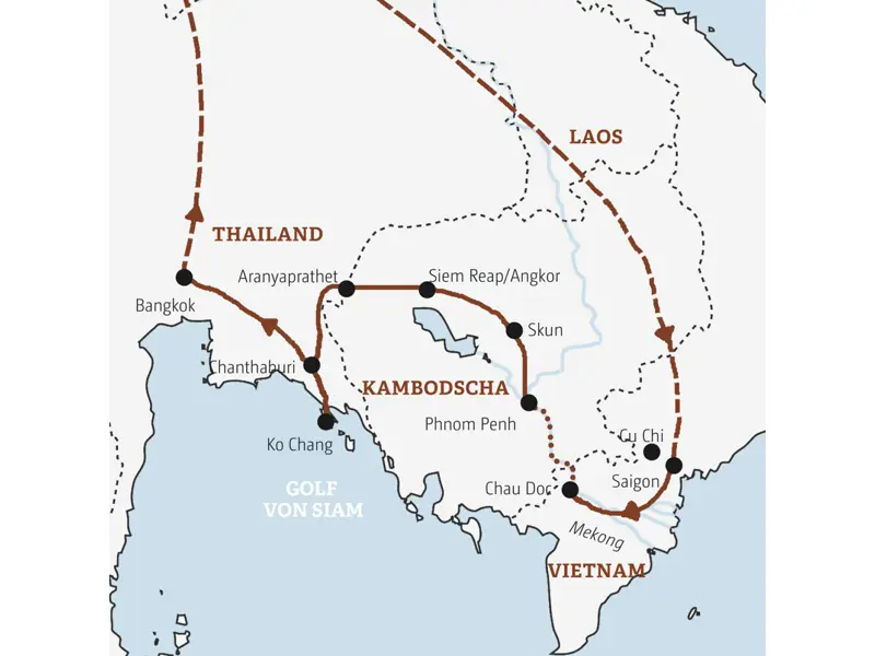 Ihre Rundreise führt Sie von Saigon in Vietnam nach Phnom Penh und Angkor Wat in Kambodscha und weiter auf die Insel Ko Chang  in Thailand.