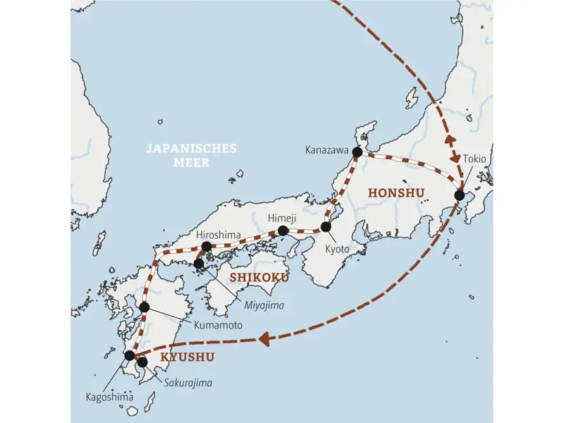 Diese Rundreise durch Japan führt Sie per Zug von Kagoshima über Hiroshima, Himeji, Kyoto und Kanazawa nach Tokio.