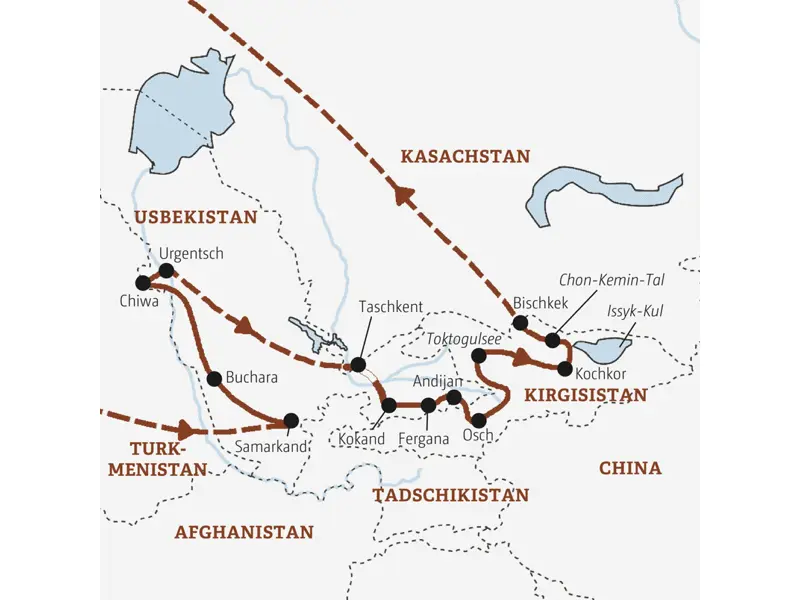 Diese Rundreise durch Usbekistan und Kirgisistan führt von Samarkand über Buchara nach Chiwa und weiter über Taschkent, Kokand, Fergana, Andijan, Osch und Kochkor nach Bischkek.