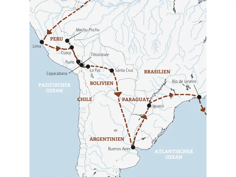 Ihre Rundreise durch Südamerika führt Sie von Peru über Bolivien und Argentinien nach Brasilien - Machu Picchu ist ebenso dabei wie die Wasserfälle von Iguazú.