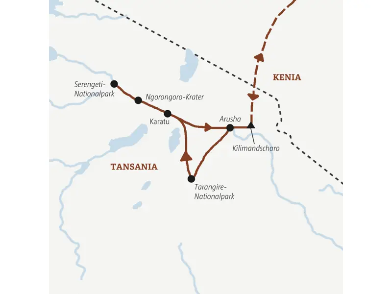 Ihre Rundreise durch Tansania führt Sie von Arusha zum Tarangire-Nationalpark, in die Serengeti und zum Ngorongoro-Krater.