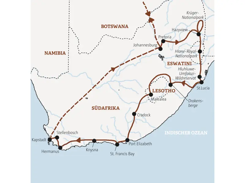 Diese Rundreise  führt Sie von Johannesburg zum Krügerpark, nach Eswatini und in die Drakensberge nach Lesotho und weiter über die Gartenroute nach Knysna und Kapstadt.