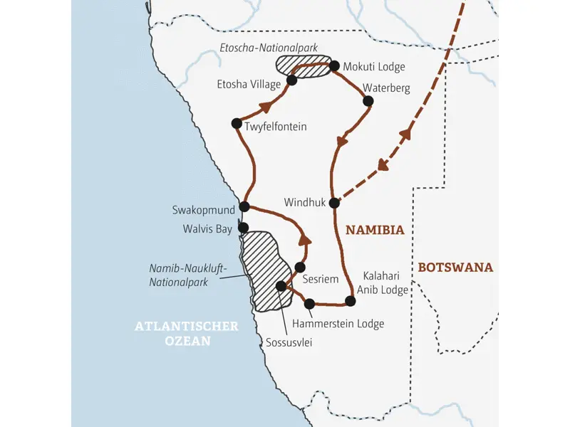 Ihre Rundreise durch Namibia führt Sie von Windhuk über das Sossusvlei, Swakopmund und Twyfelfontein zum Etoschapark und von dort über den Waterberg zurück.