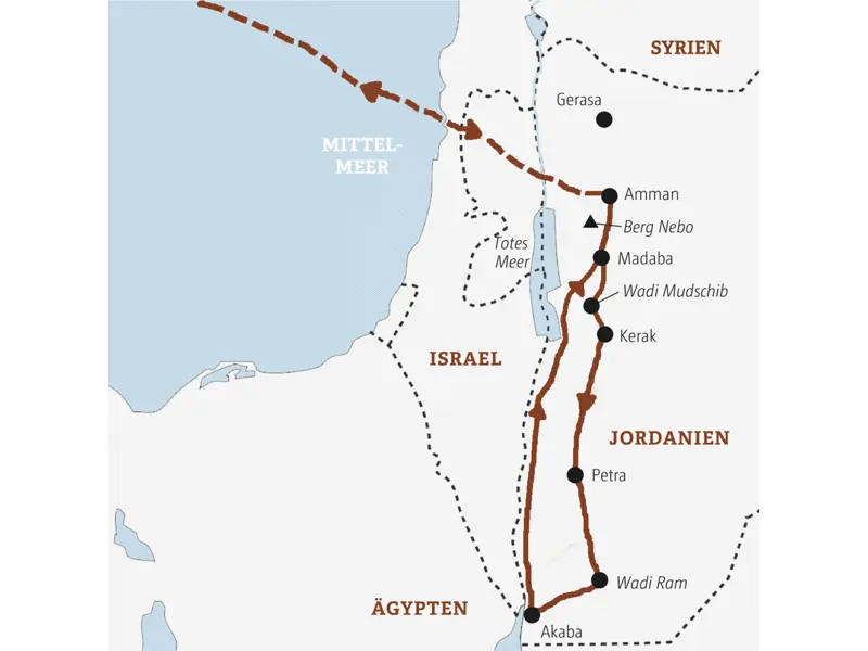 Unsere Rundreise durch Jordanien in der Mini-Gruppe führt von Amman über Petra und das Wadi Ram nach Akaba am Roten Meer und zurück.