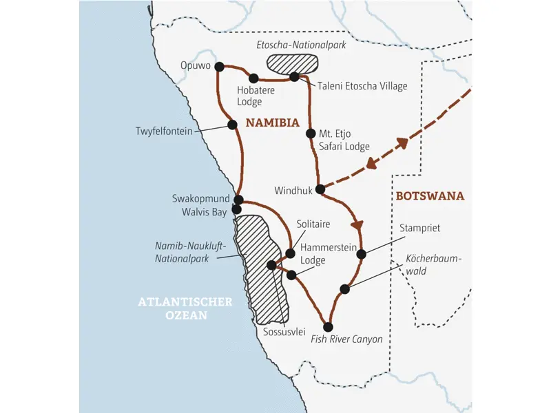 Diese Rundreise durch Namibia in der Mini-Gruppe führt Sie von Windhuk zum Fish River Canyon und weiter über das Sossusvlei, Swakopmund und Twyfelfontein in den Etoscha-Nationalpark.