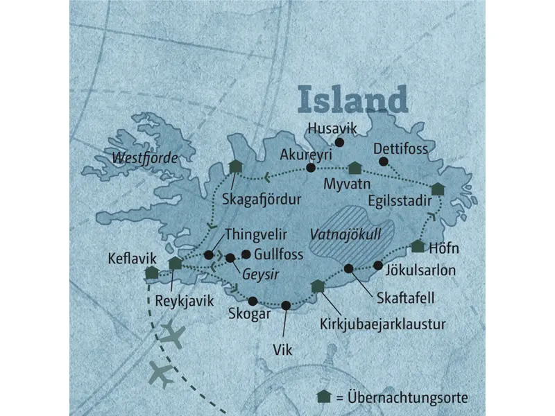 Ihre individuelle Mietwagen-Rundreise durch Island führt Sie von Reyjkavik nach Kirkjubaejarklaustur, Höfn, Egilsstadir,  Myvatn und Skagafjördur.
