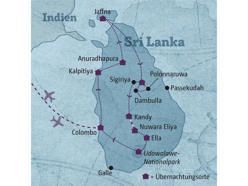 Ihre individuelle Rundreise führt sie von Colombo über Kalpitiya und Anuradhapura nach Jaffa und dann über das Kulturelle Dreieck, Kandy, Nuwara Eliya und Ella in den Udawalawe-Nationalpark.