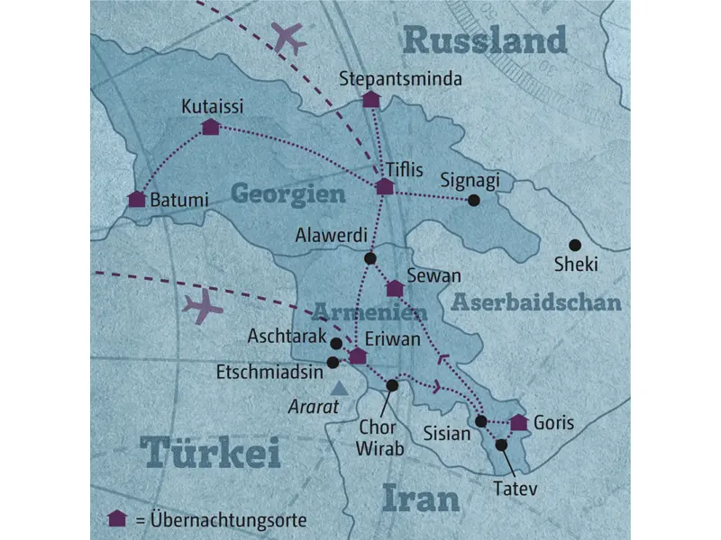 Ihre individuelle Rundreise führt Sie in Armenien von Eriwan nach Goris und zum Sewansee und anschließend weiter nach Georgien mitTiflis, Stepantsminda, Kutaissi und Batumi.