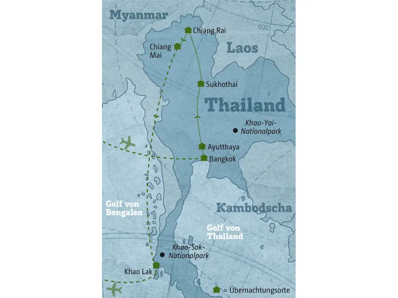 Diese individuelle Rundreise durch Thailand führt Sie von Bangkok über Ayutthaya und Sukhotai nach Chiang Rai und weiter über Chiang Mai nach Phuket.