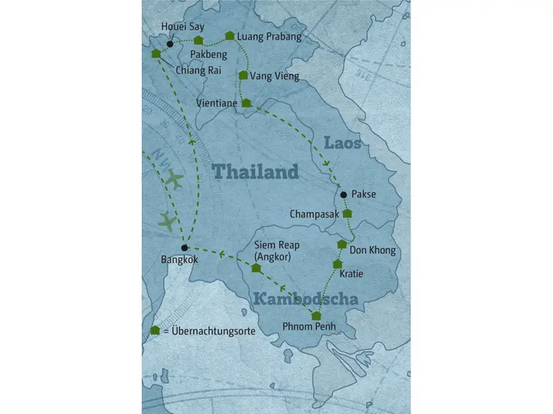 Ihre individuelle Rundreise führt Sie von Bangkok über Chiang Rai nach Pakbeng, weiter über Luang Prabang nach Vientiane und schließlich über Don Khong und Phnom Penh nach Siem Reap mit den Tempeln von Angkor.