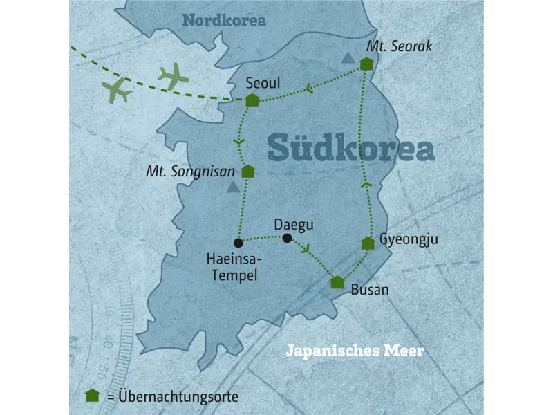 Ihre individuelle Rundreise durch Südkorea führt Sie von Seoul in den Sognisan-Nationalpark und weiter über Daegu, Busan und Gyeongju in den Seorak-Nationalpark.