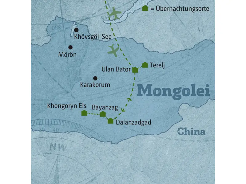 Ihre individuelle Rundreise durch die Mongolei führt Sie von Ulan Bator über Dalanzadgad und Bayanzag nach Khongoryn Els und in den Terelj-Nationalpark.