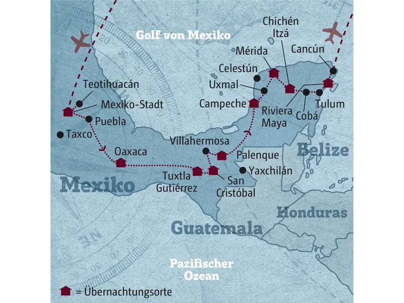 Ihre individuelle Rundreise durch Mexiko führt Sie von Mexiko-Stadt nach Oaxaca, San Cristóbal, Palenque, Campeche, Mérida, Chichén Itzá und an die Riviera Maya.