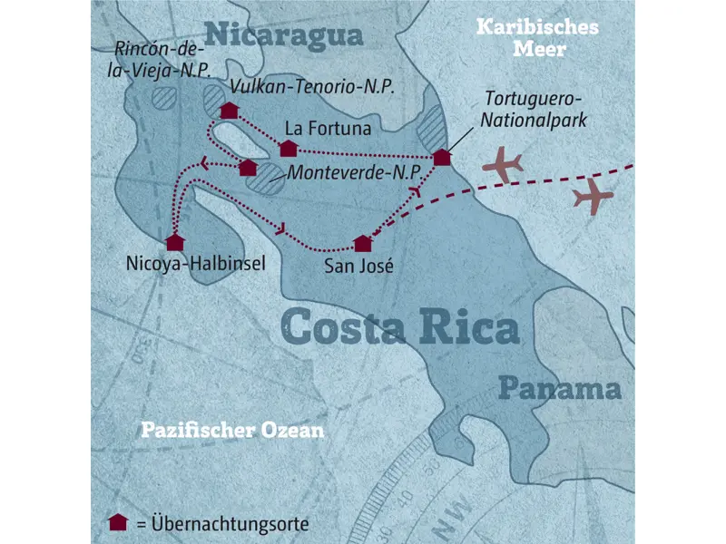 Ihre individuelle Rundreise durch Costa Rica führt Sie von San José zuerst in die Nationalparks Tortuguero, Monteverde und Vulkan Tenorio und zum Finale auf die Halbinsel Nicoya.